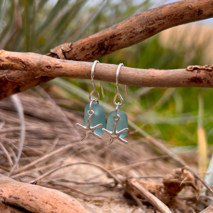 Ocean teal and silver starfish earrings by Mornington Sea Glass