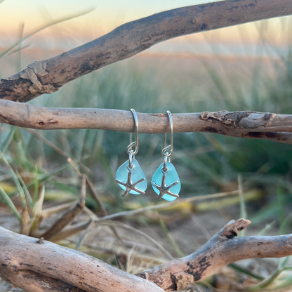 Ocean teal and silver starfish earrings by Mornington Sea Glass
