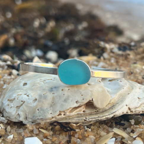 Blue sea glass set in silver cuff by Mornington Sea Glass
