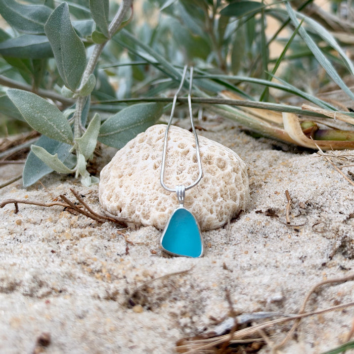 Ocean Teal sea glass set in Argentium silver pendant by Mornington Sea Glass. Hangs on a 40 or 45cm sterling silver snake chain.