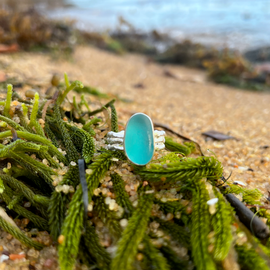 Blue sea glass set in silver on a cast driftwood inspired silver ring band by Mornington Sea Glass. Size 8 1/4.