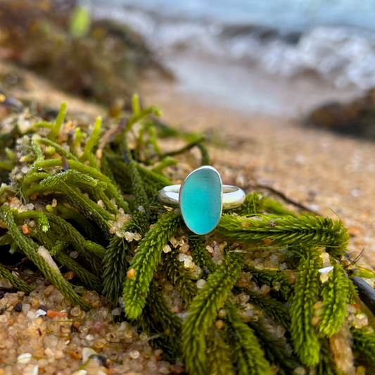 Ocean Teal sea glass set in silver by Mornington Sea Glass. Size 9.