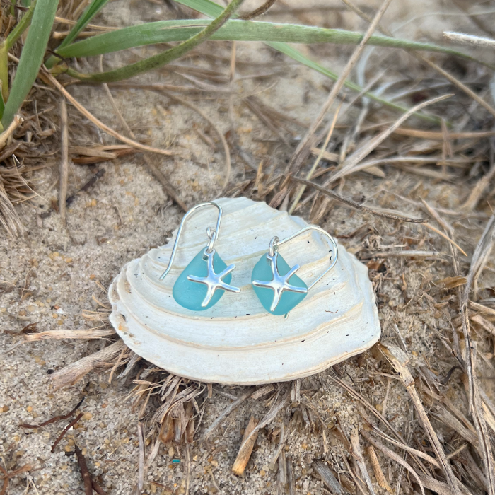 Ocean teal and silver starfish earrings by Mornington Sea Glass