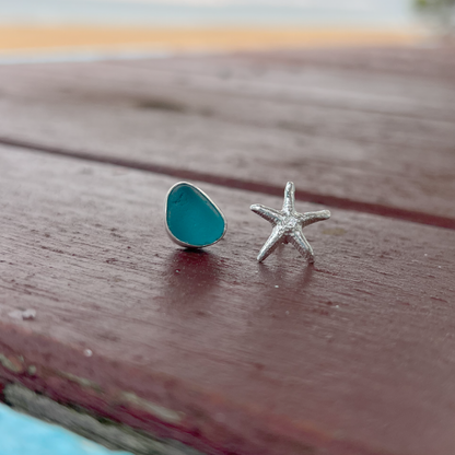 Ocean teal sea glass set in Argentium silver and Sterling silver sea star cast charm with sterling silver posts and butterfly backs by Mornington Sea Glass