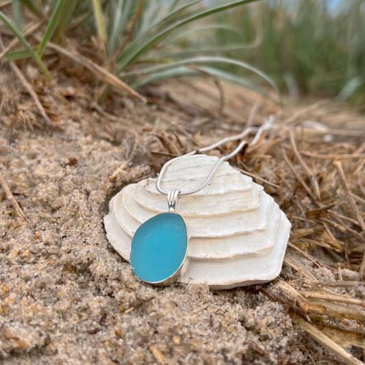 Teal Blue sea glass set in silver pendant by Mornington Sea Glass. Comes with a 40 or 45cm sterling silver chain