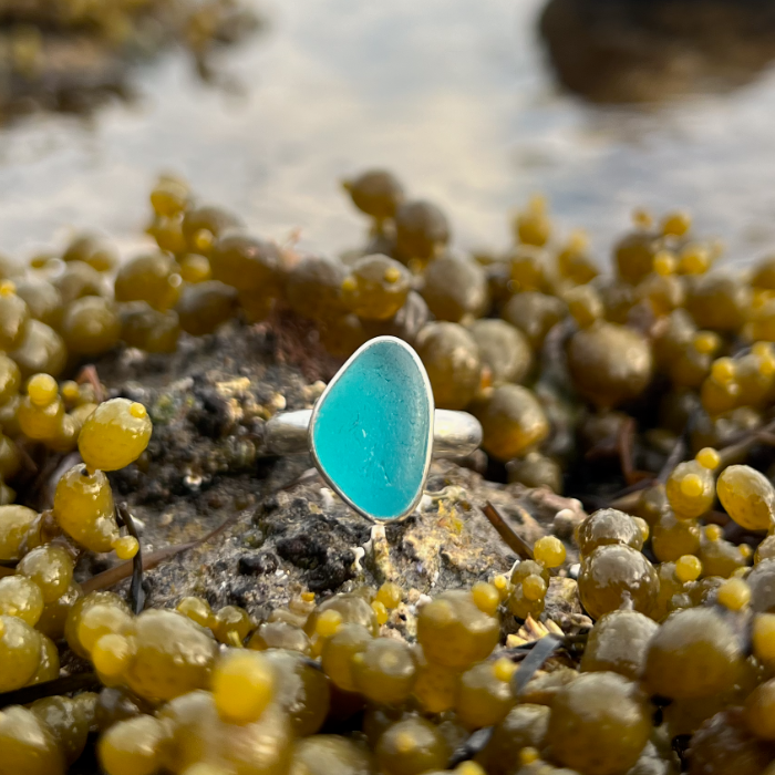 Ocean teal sea glass set in silver ring by Mornington Sea Glass. Size 7 1/4