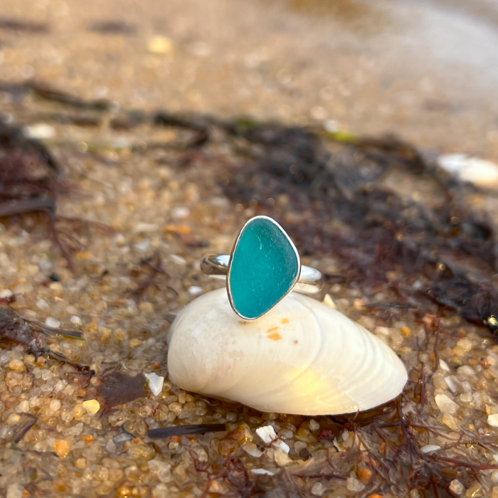 Ocean teal sea glass set in silver ring by Mornington Sea Glass. Size 7 1/4