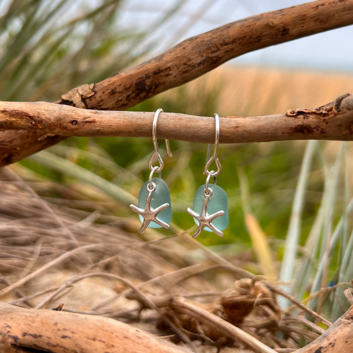 Ocean teal and silver starfish earrings by Mornington Sea Glass