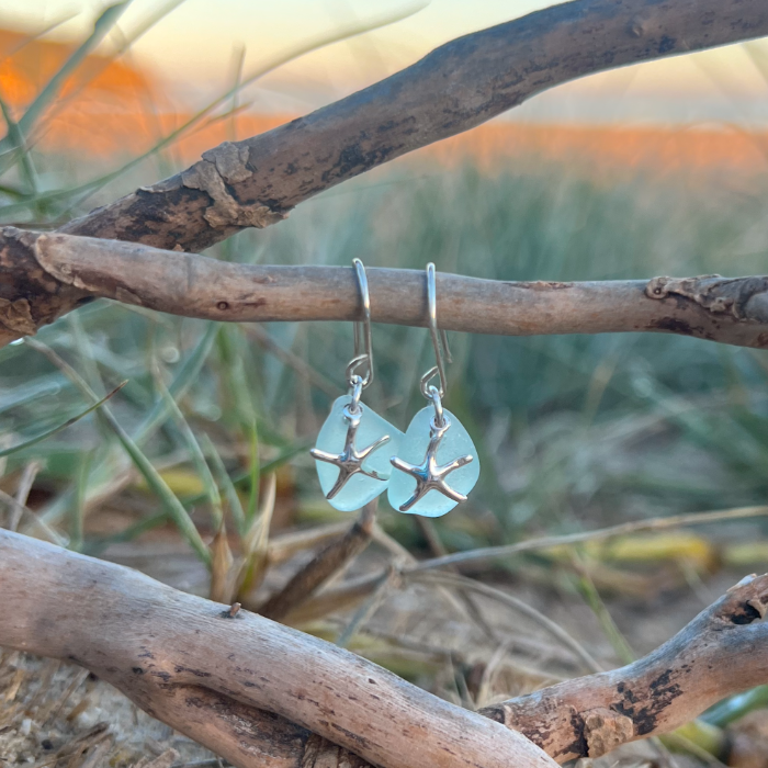 Pale blue sea glass and silver starfish  earrings by Mornington Sea Glass