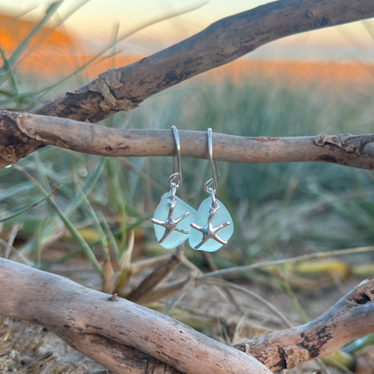 Pale blue sea glass and silver starfish  earrings by Mornington Sea Glass