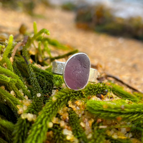 Plum sea glass set in Argentium silver with hammered sterling silver textured ring band by Mornington Sea Glass. Size 8 3/4.