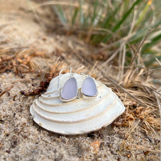 Purple ea glass set in silver earrings by Mornington Sea Glass