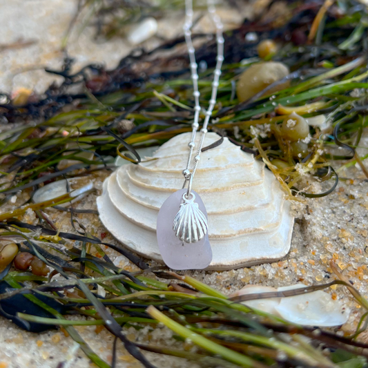 Purple Sea glass and silver shall charm necklace by Mornington Sea Glass