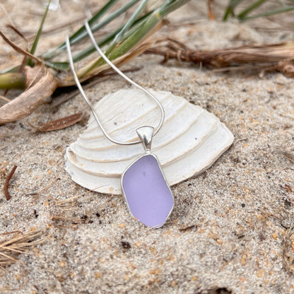 Purple sea glass set in silver pendant by Mornington Sea Glass. Comes with a 40 or 45cm snake chain.
