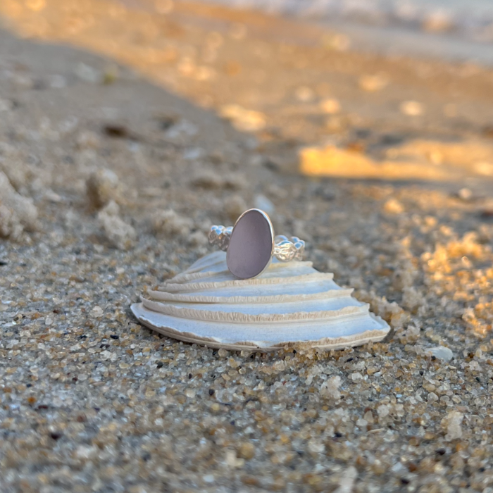 Purple sea glass set in silver on organic hammered ring band by Mornington Sea Glass. Size 7 1/4.