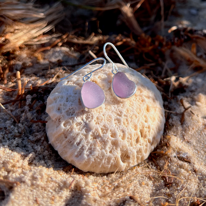 Purple sea glass set in silver earrings by Mornington Sea Glass