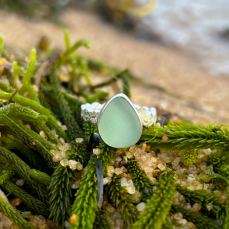 Seafoam sea glass set in silver on organic hammered ring band by Mornington Sea Glass. Size 8 1/2.