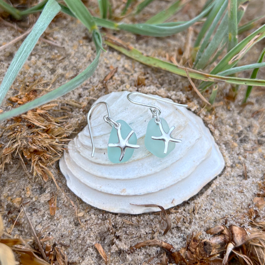 Soft blue sea glass and silver starfish earrings by Mornington Sea Glass
