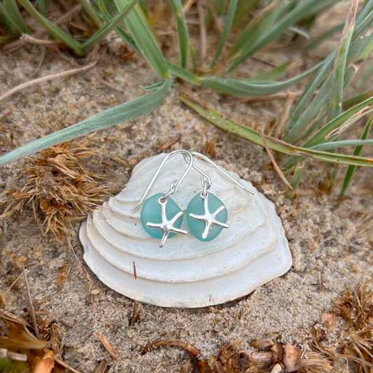 Aqua  teal and silver starfish earrings by Mornington Sea Glass