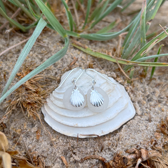 White  sea glass and sterling silver shell charm earrings by Mornington Sea Glass