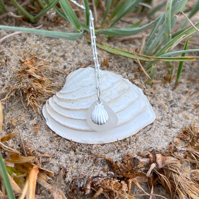 White Sea glass and silver shall charm necklace by Mornington Sea Glass