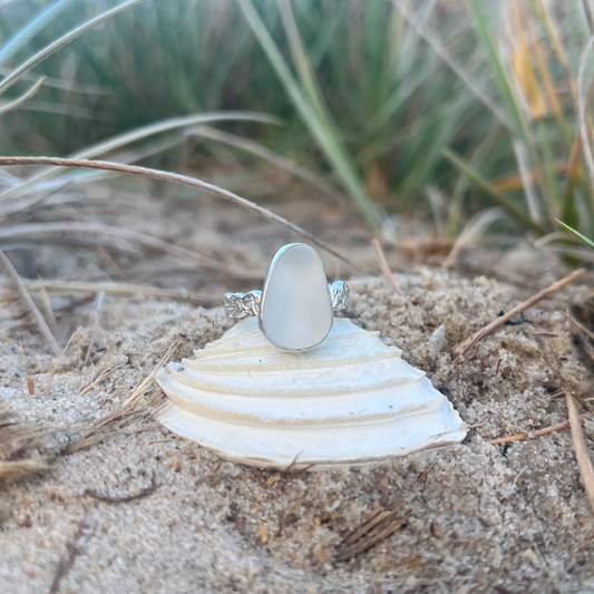White Sea glass set in silver ring by Mornington Sea Glass. Size 8 1/4