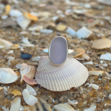 Purple sea glass set in silver ring by Mornington Sea Glass. Size 8.
