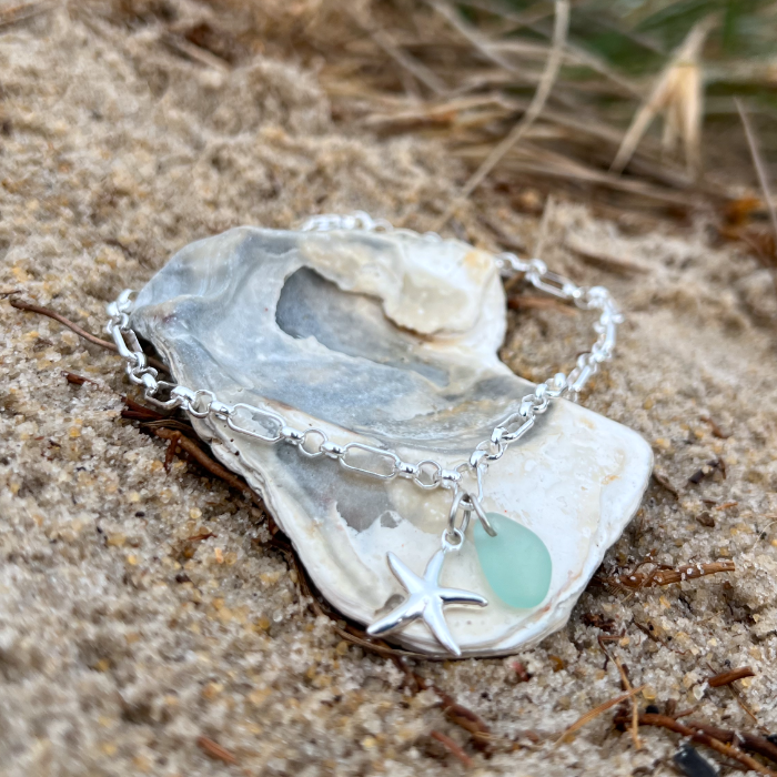 Seafoam blue sea glass and starfish charm sterling silver 24cm anklet Mornington Sea Glass.