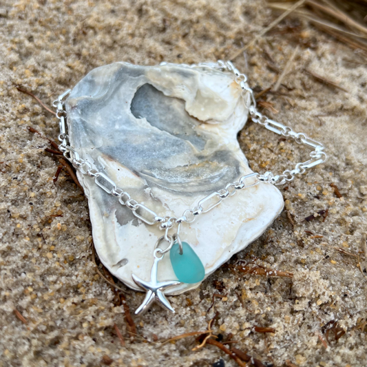 Ocean teal sea glass and silver sea star charm 24cm anklet by Mornington Peninsula 