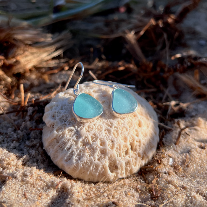 Ocean blue sea glass set in silver earrings by Mornington Sea Glass. 