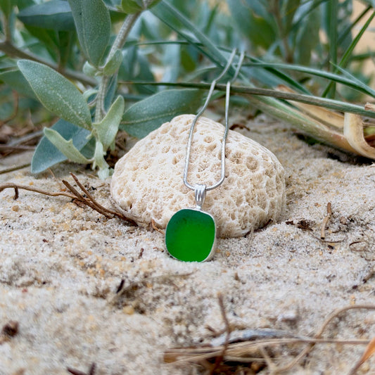 Green sea glass set in Argentium silver pendant by Mornington Sea Glass. Hangs on a 40 or 45cm sterling silver snake chain