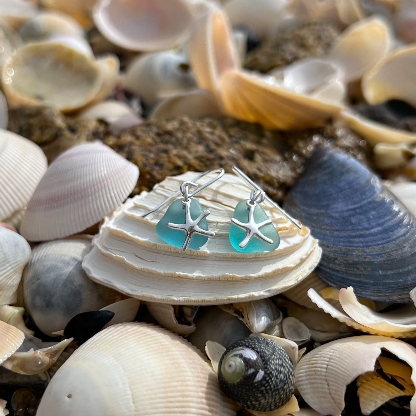 Ocean teal and silver starfish earrings by Mornington Sea Glass