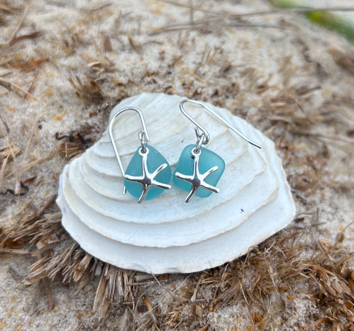 Ocean teal and silver starfish earrings by Mornington Sea Glass