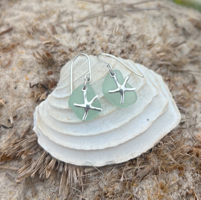 Pale seafoam sea glass and silver starfish  earrings by Mornington Sea Glass