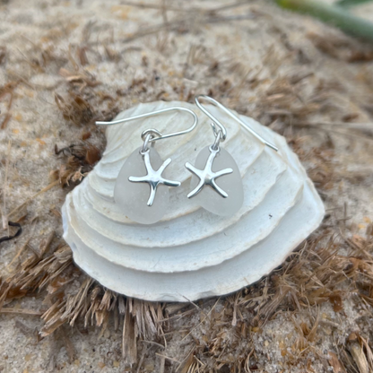 White sea glass and sterling silver starfish earrings  by Mornington Sea Glass. 