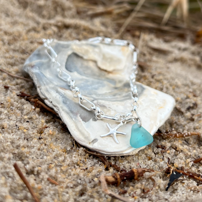 Blue sea glass and starfish charm sterling silver mixed link 19.5cm bracelet by Mornington Sea Glass.