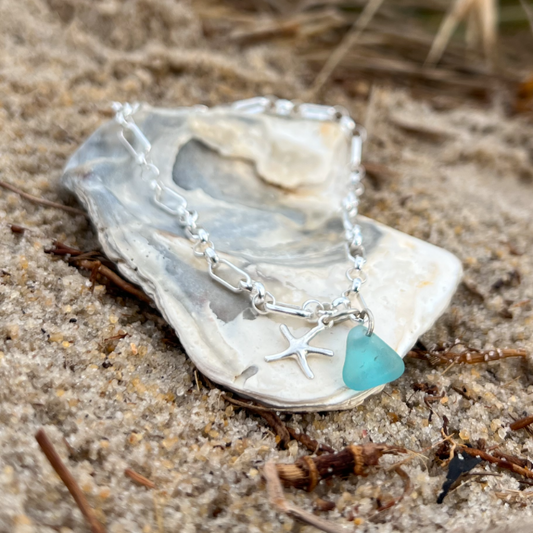 Blue sea glass and starfish charm sterling silver mixed link 19.5cm bracelet by Mornington Sea Glass.