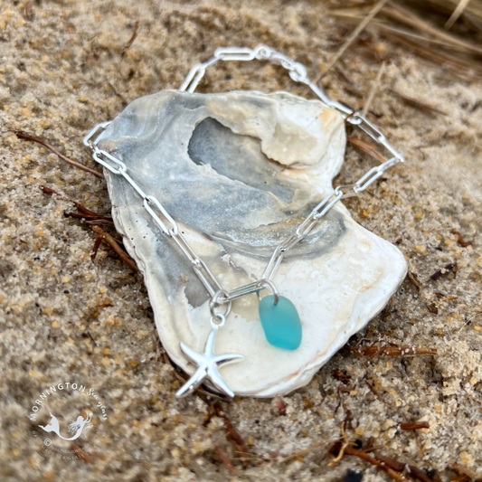 Blue sea glass and starfish charm sterling silver 24.5cm anklet Mornington Sea Glass.