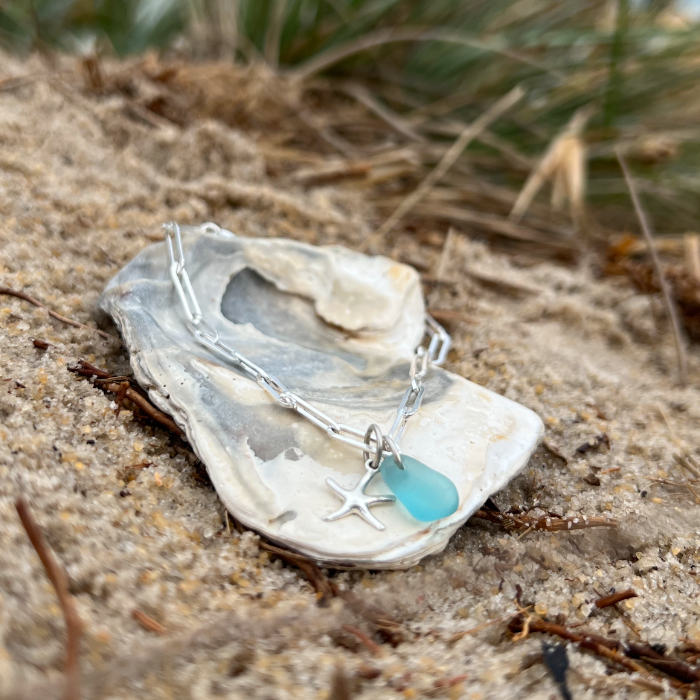 Ocean teal sea glass and starfish charm sterling silver 19cm bracelet by Mornington Sea Glass.