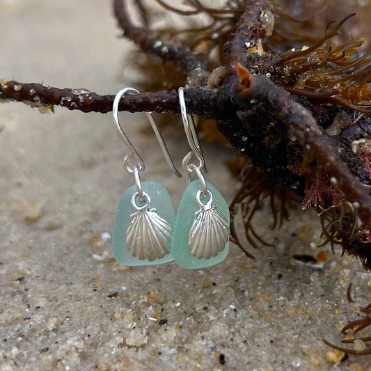 Seafoam blue sea glass with sterling silver shell charm earrings by Mornington Sea Glass