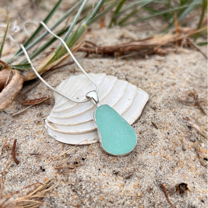 Seafoam Green sea glass set in Argentium silver pendant by Mornington Sea Glass. Hangs on a 40 or 45cm sterling silver snake chain.