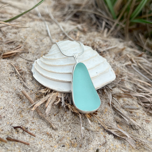 Seafoam Green sea glass set in silver pendant by Mornington Sea Glass
