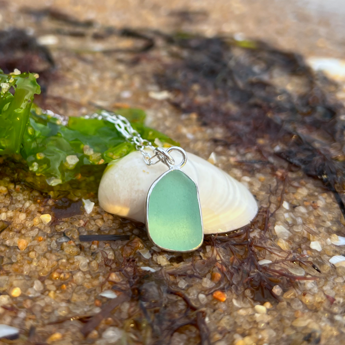 Argentium silver and seafoam green sea glass pendant by Mornington Sea Glass. 40 cm + 5cm ext sterling silver paperclip chain.