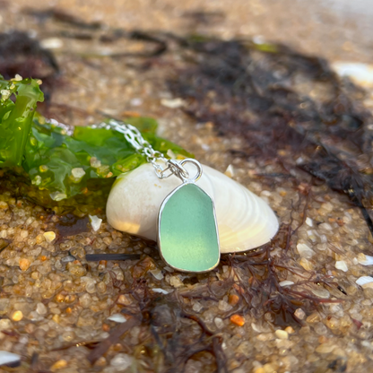 Argentium silver and seafoam green sea glass pendant by Mornington Sea Glass. 40 cm + 5cm ext sterling silver paperclip chain.