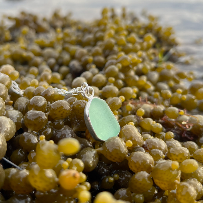 Argentium silver and seafoam green sea glass pendant by Mornington Sea Glass. 40 cm + 5cm ext sterling silver paperclip chain.