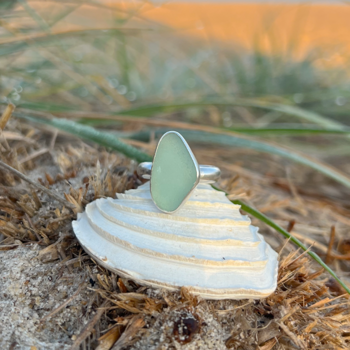 Seafoam sea glass and silver ring in size 8 1/4  by Mornington Sea Glass