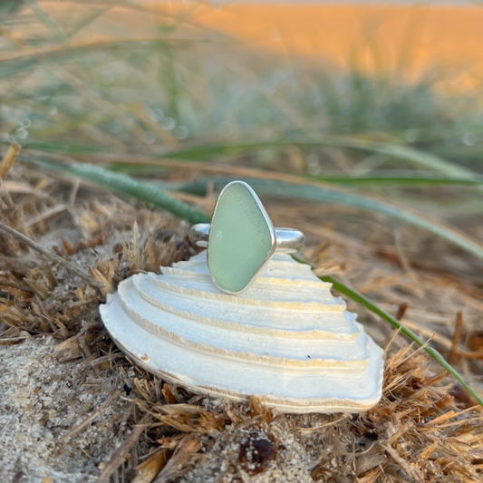 Seafoam sea glass and silver ring in size 8 1/4  by Mornington Sea Glass