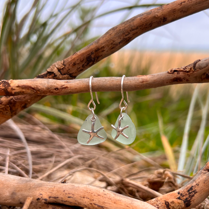 Soft Seafoam sea glass and silver starfish  earrings by Mornington Sea Glass