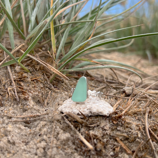 Seafoam sea glass set in silver on organic hammered ring band by Mornington Sea Glass. Size 8 1/2.
