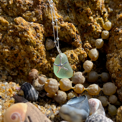 Seafoam sea glass and sterling silver starfish pendant by Mornington Sea Glass. Hangs on a 40cm + 5cm extension ball detail chain.